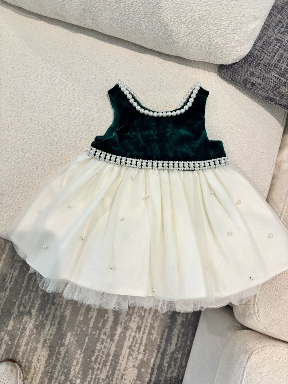 Couture Princess Emerald Green Velvet and Ivory Tulle Pearl-Trim Formal Dress